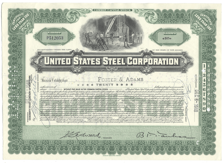 United States Steel Corporation stock certificate from 1948 with decorative elements and text.