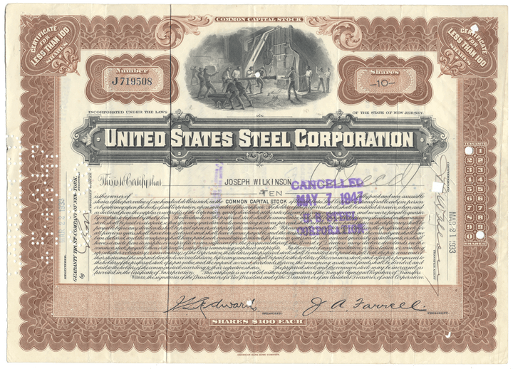 United States Steel Corporation stock certificate with detailed design and text.