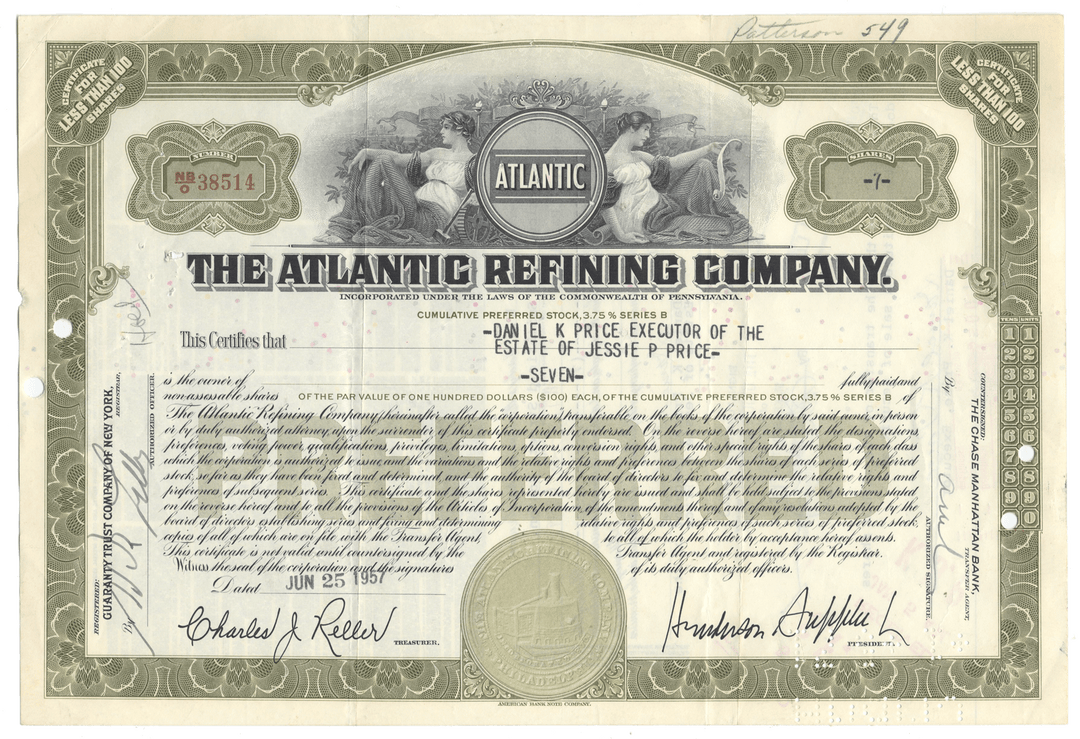 Vintage stock certificate of The Atlantic Refining Company with decorative elements and text.