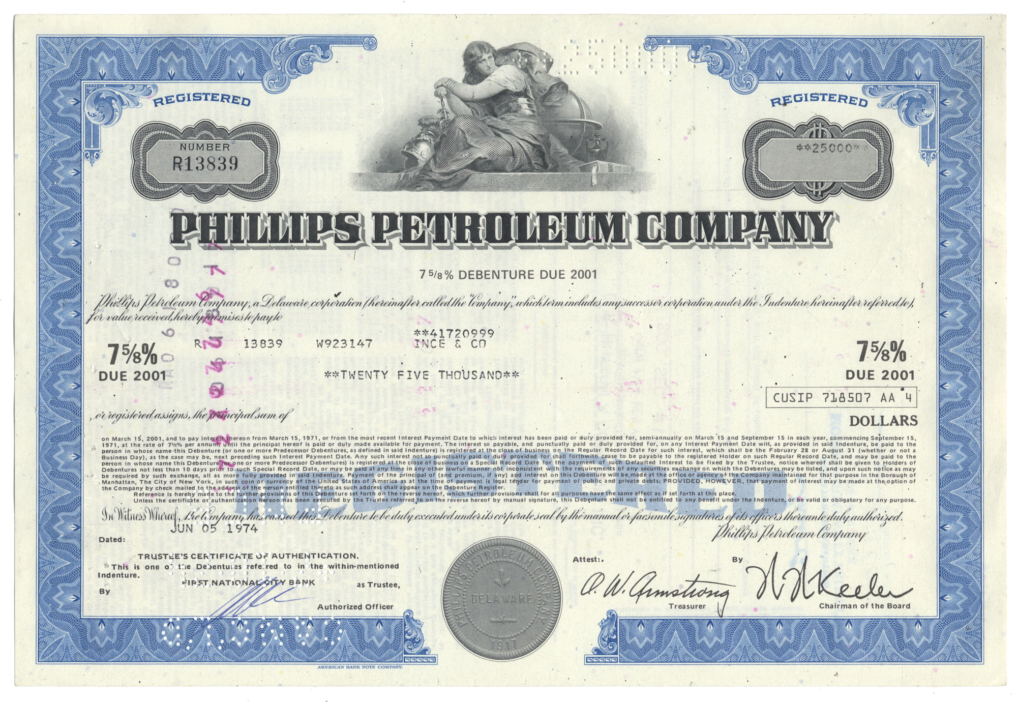Phillips Petroleum Company bond certificate from 1974