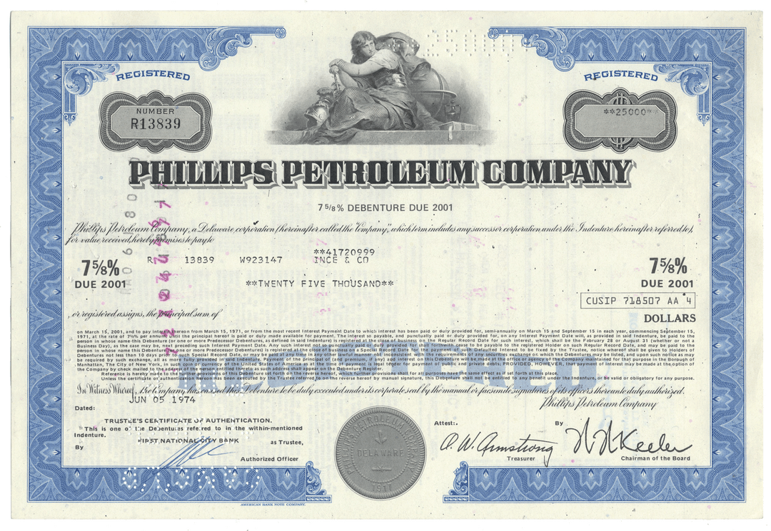 Phillips Petroleum Company bond certificate from 1974