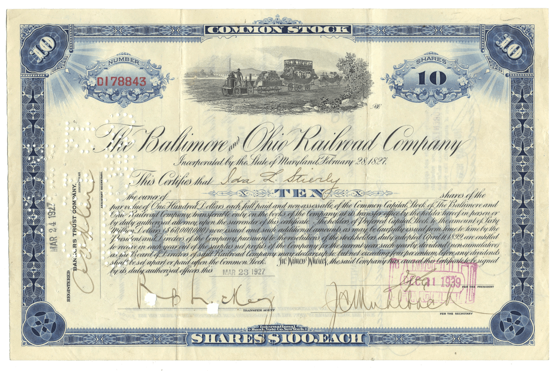 A vintage 1927 Baltimore & Ohio Railroad Company stock certificate