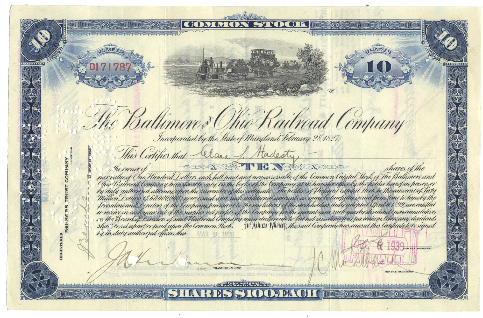 A vintage 1926 Baltimore & Ohio Railway Company stock certificate