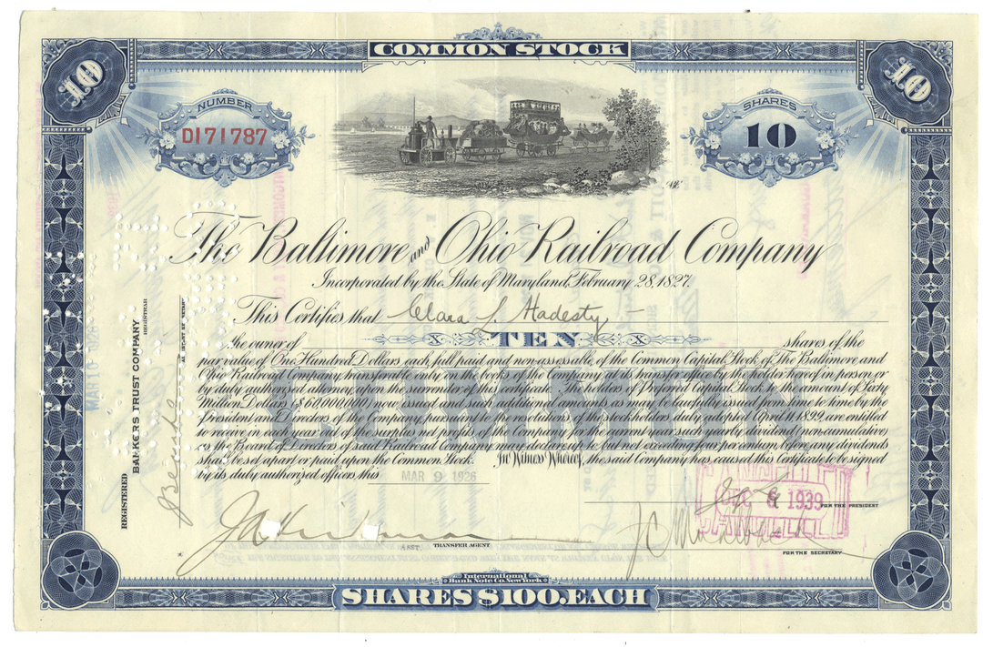 A vintage 1926 Baltimore & Ohio Railway Company stock certificate