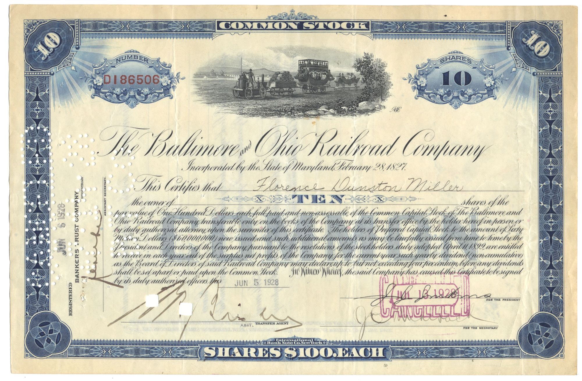 An antique 1928 stock certificate for The Baltimore & Ohio Railroad Company