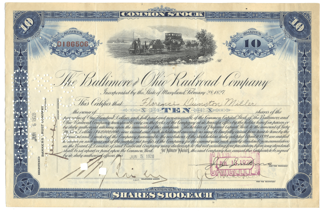 An antique 1928 stock certificate for The Baltimore & Ohio Railroad Company