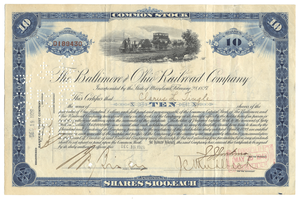 Vintage stock certificate of the Baltimore & Ohio Railroad Company.