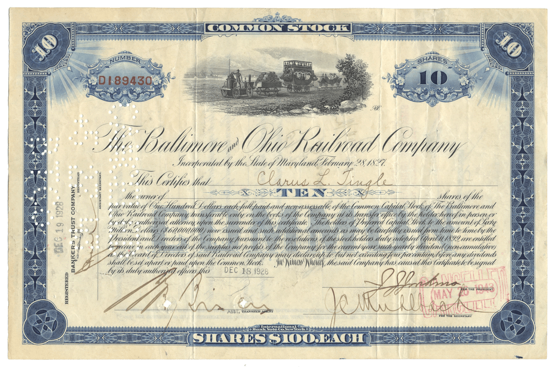 Vintage stock certificate of the Baltimore & Ohio Railroad Company.