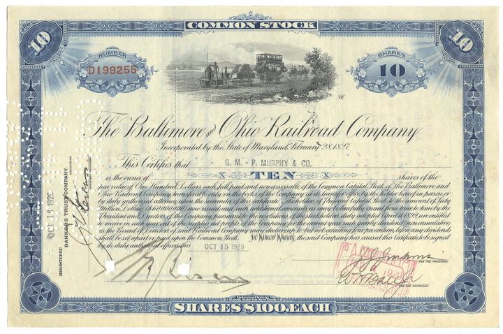 Stock certificate of the Baltimore & Ohio Railroad Company