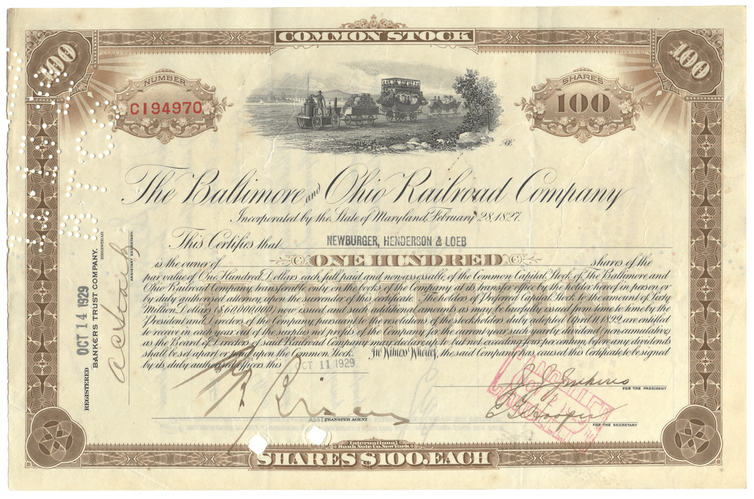 Historical stock certificate of the Baltimore & Ohio Railroad Company with scenic illustration and text.