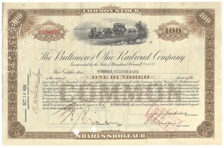 Historical stock certificate of the Baltimore & Ohio Railroad Company with scenic illustration and text.