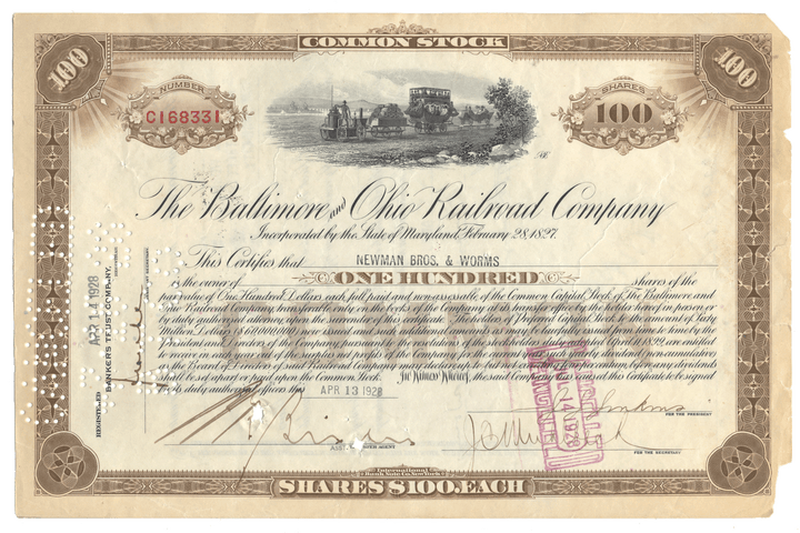 Historical stock certificate of the Baltimore & Ohio Railroad Company with scenic illustration and text.