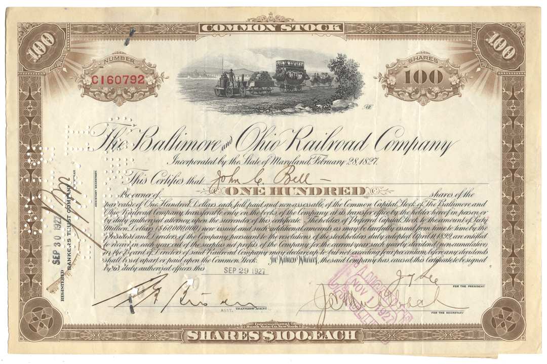 Historical stock certificate of the Baltimore & Ohio Railroad Company with decorative elements and text.