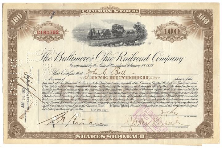 Historical stock certificate of the Baltimore & Ohio Railroad Company with decorative elements and text.