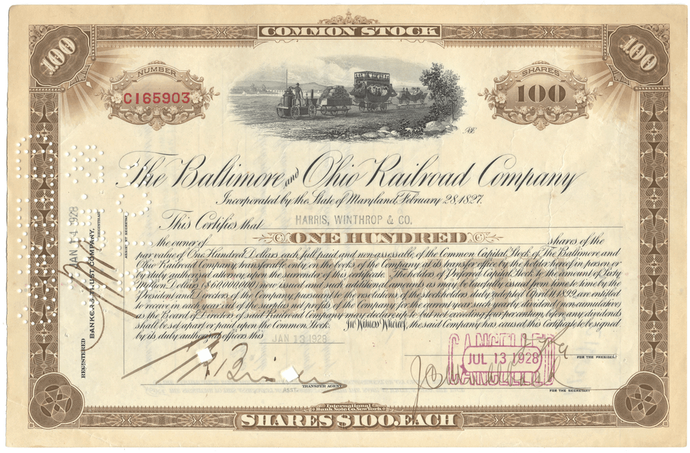 Baltimore and Ohio Railroad Company Stock Certificate from 1928