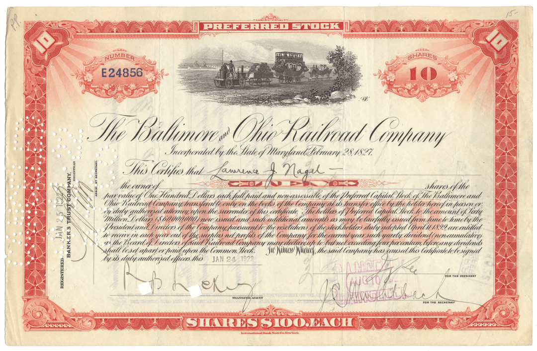 Baltimore and Ohio Railroad Company Stock Certificate from 1922