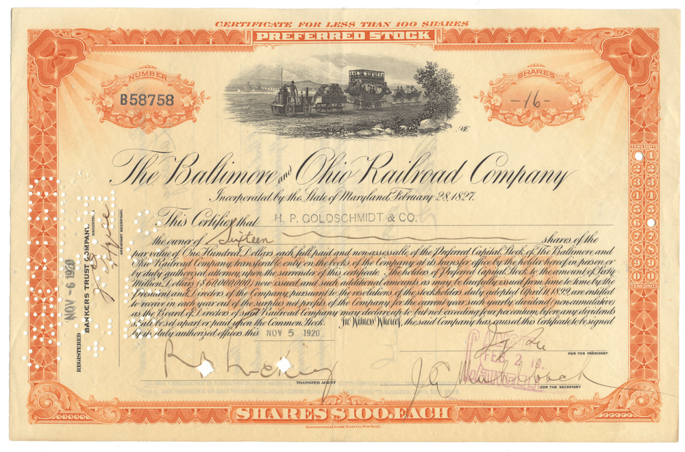 Baltimore and Ohio Railroad Company Stock Certificate from 1920