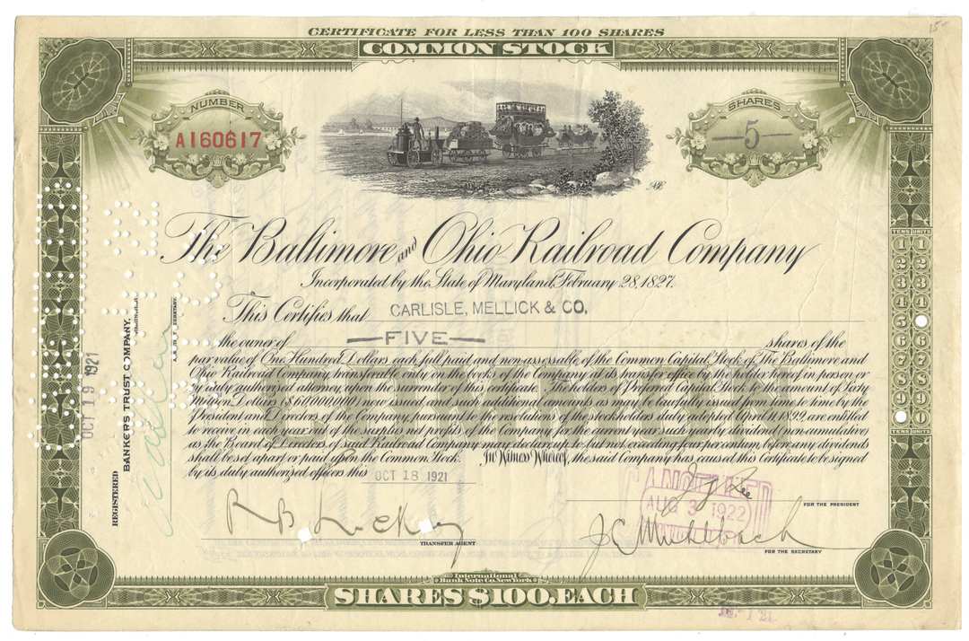 Historical stock certificate of the Baltimore & Ohio Railroad Company with scenic illustration and text.