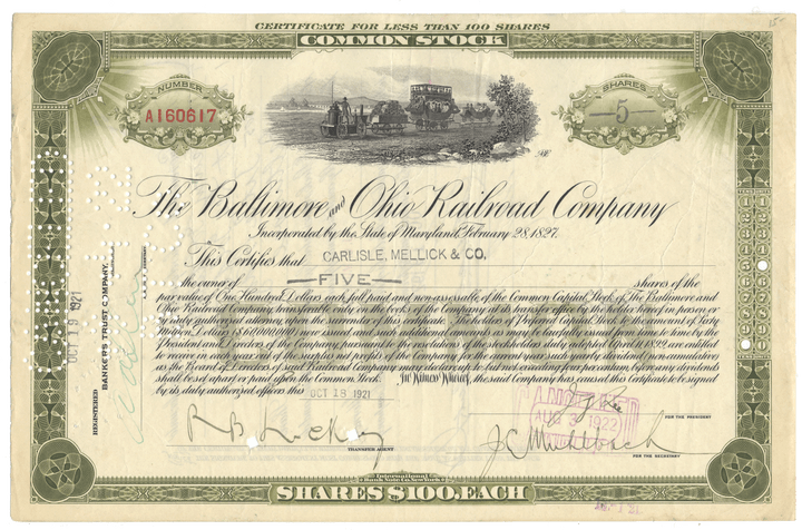 Historical stock certificate of the Baltimore & Ohio Railroad Company with scenic illustration and text.