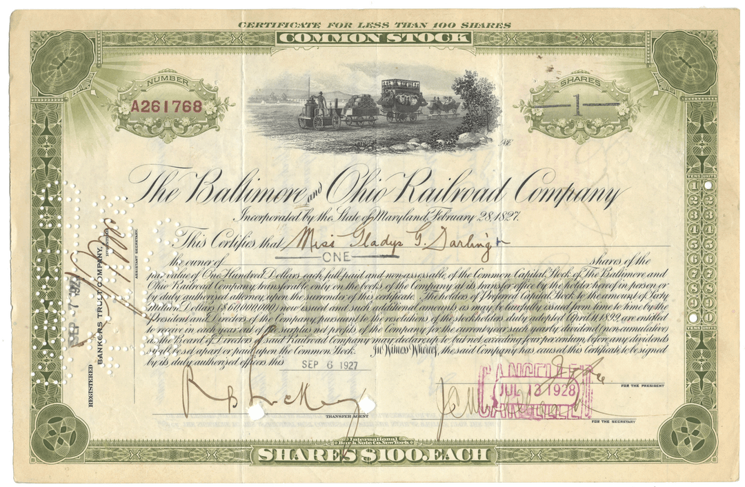 Baltimore and Ohio Railroad Company Stock Certificate from 1927