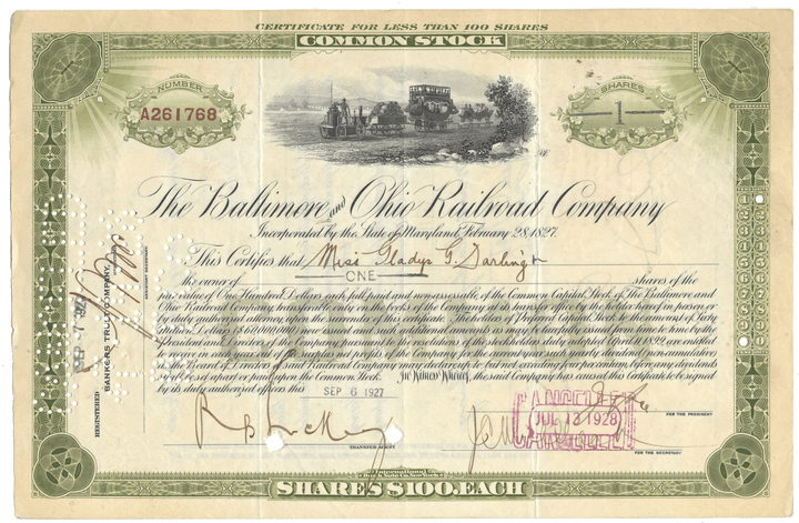 Baltimore and Ohio Railroad Company Stock Certificate from 1927