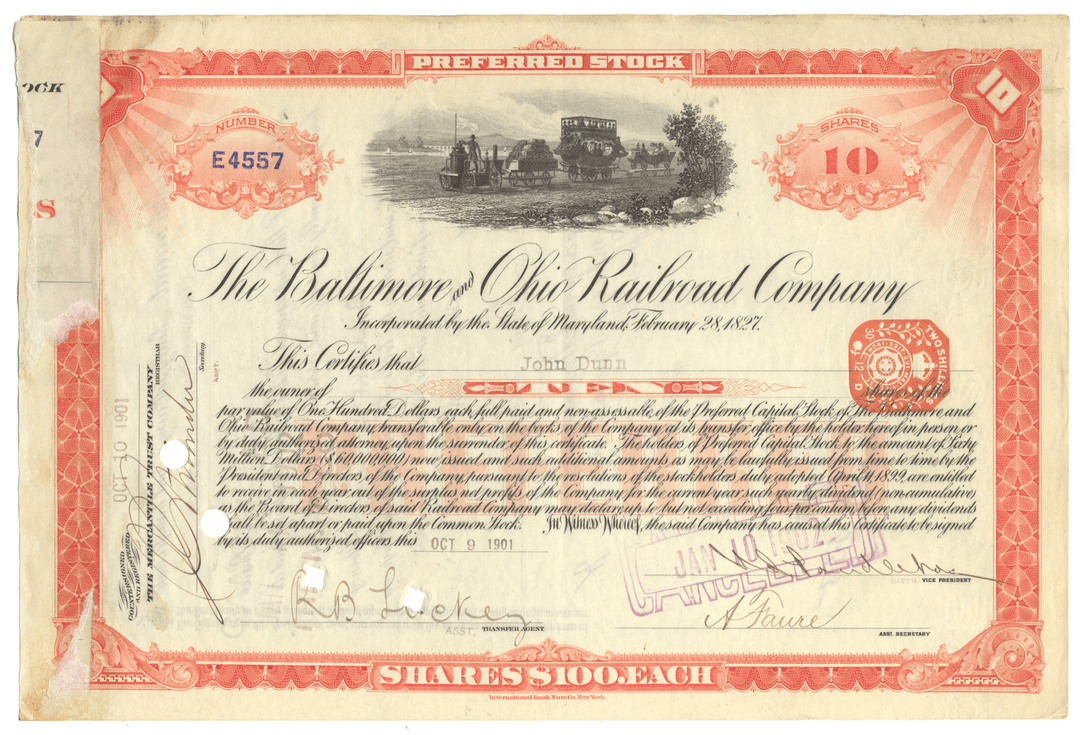 Vintage stock certificate for the Baltimore & Ohio Railroad Company