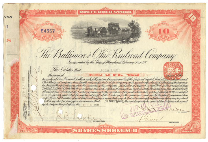 Vintage stock certificate for the Baltimore & Ohio Railroad Company