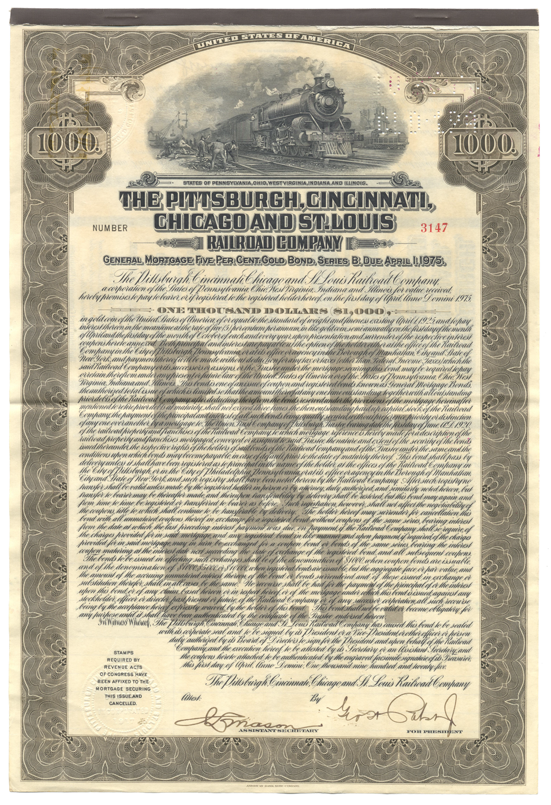 Pittsburgh, Cincinnati, Chicago and St. Louis Railroad Company Bond Certificate