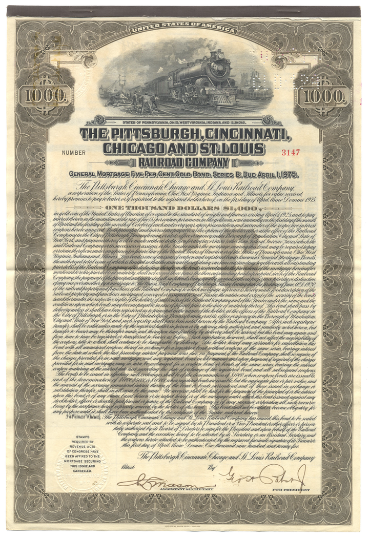 Pittsburgh, Cincinnati, Chicago and St. Louis Railroad Company Bond Certificate