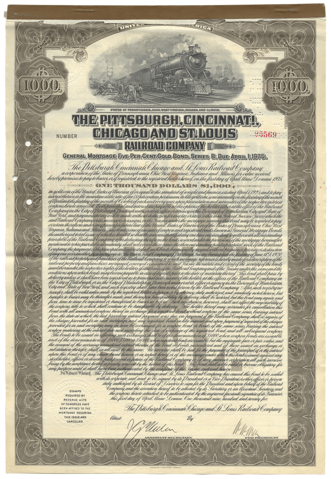 Historical bond certificate for the Pittsburgh, Cincinnati, Chicago and St. Louis Railway Company with a train illustration.