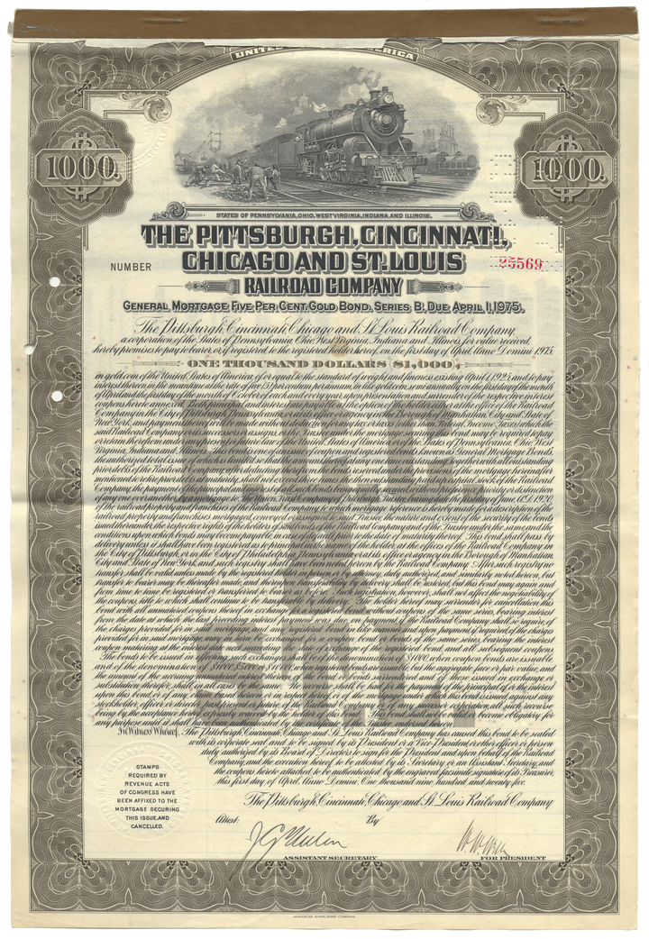 Historical bond certificate for the Pittsburgh, Cincinnati, Chicago and St. Louis Railway Company with a train illustration.