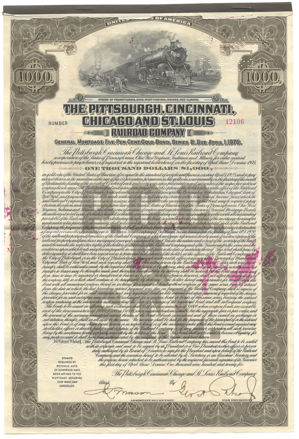 Historical bond certificate for the Pittsburgh, Cincinnati, Chicago and St. Louis Railroad Company with a steam locomotive illustration.