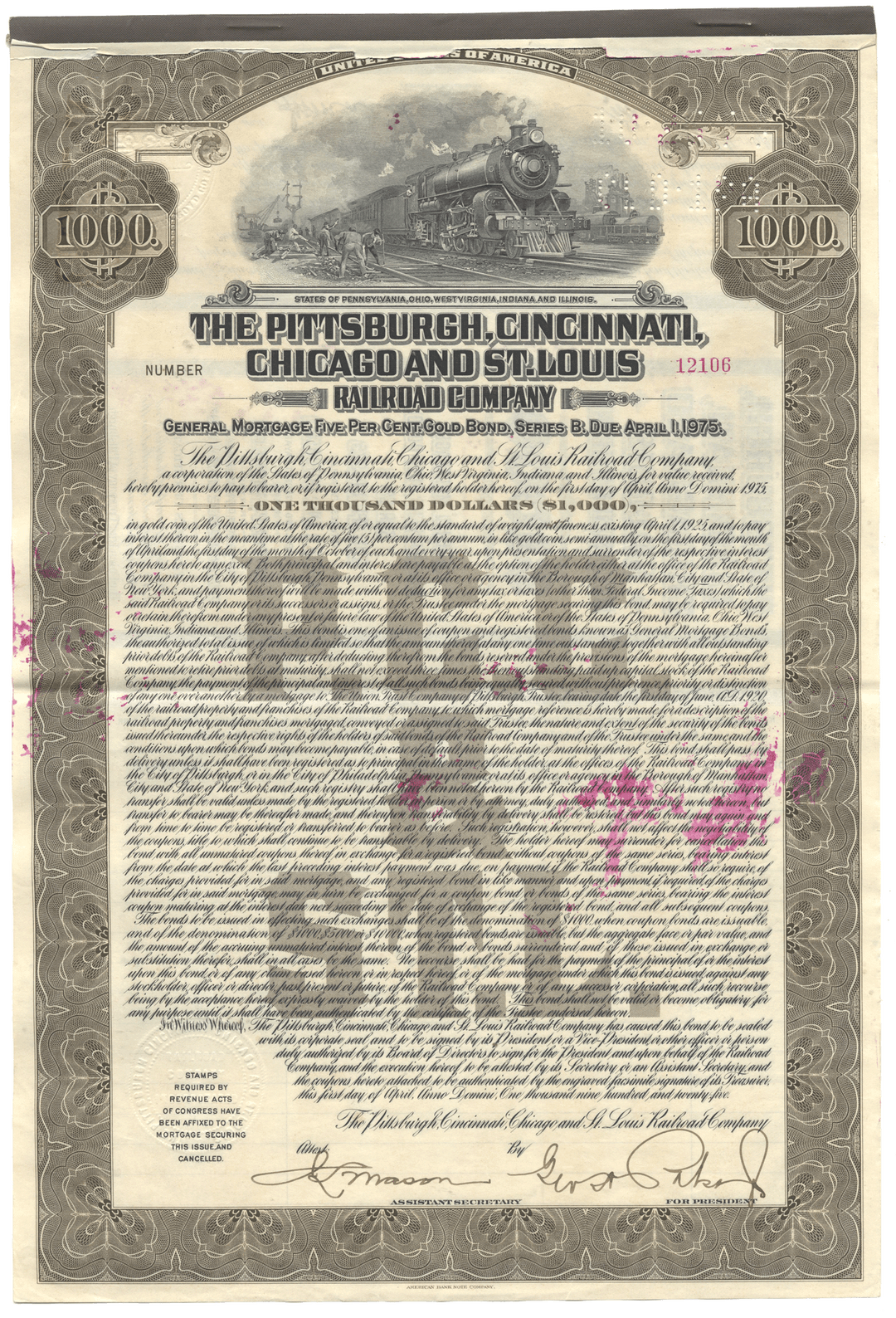 Historical bond certificate for the Pittsburgh, Cincinnati, Chicago and St. Louis Railroad Company with a steam locomotive illustration.