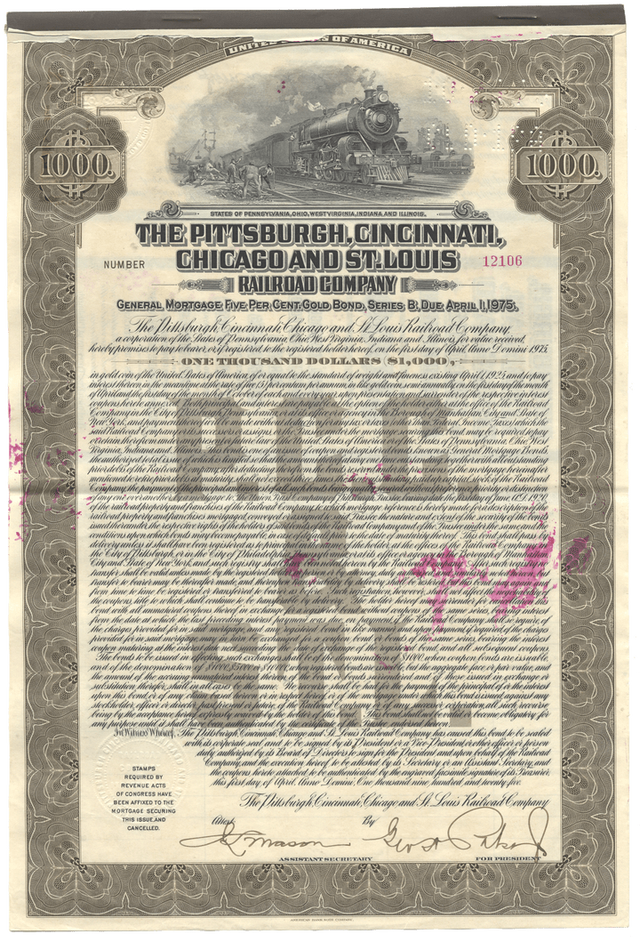 Historical bond certificate for the Pittsburgh, Cincinnati, Chicago and St. Louis Railroad Company with a steam locomotive illustration.