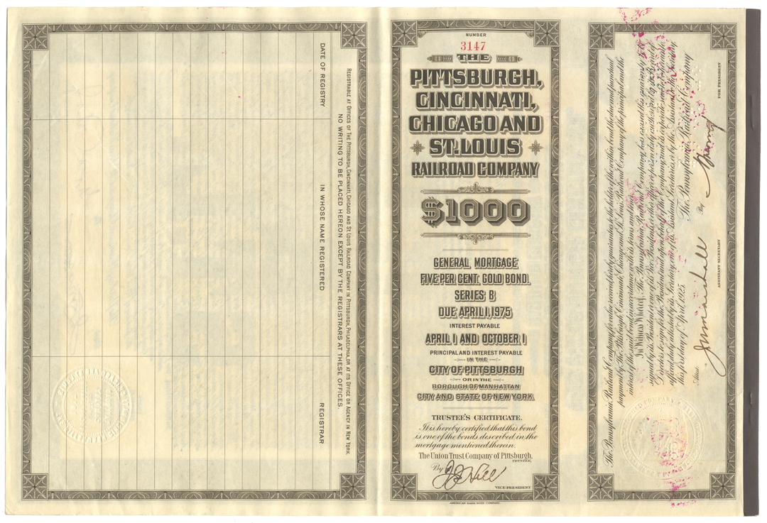 Pittsburgh, Cincinnati, Chicago and St. Louis Railroad Company Bond Certificate