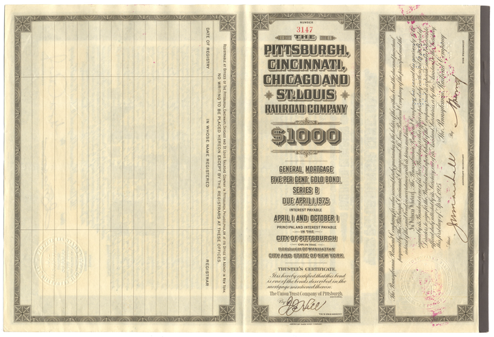 Pittsburgh, Cincinnati, Chicago and St. Louis Railroad Company Bond Certificate