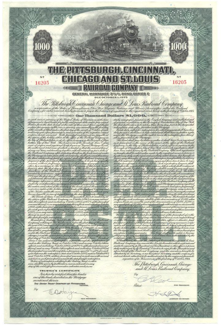 Pittsburgh, Cincinnati, Chicago and St. Louis Railroad Company Bond Certificate