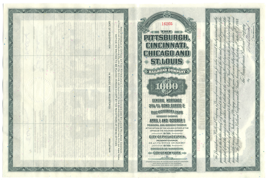 Pittsburgh, Cincinnati, Chicago and St. Louis Railroad Company Bond Certificate