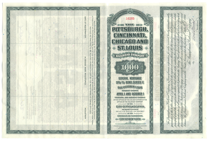 Pittsburgh, Cincinnati, Chicago and St. Louis Railroad Company Bond Certificate