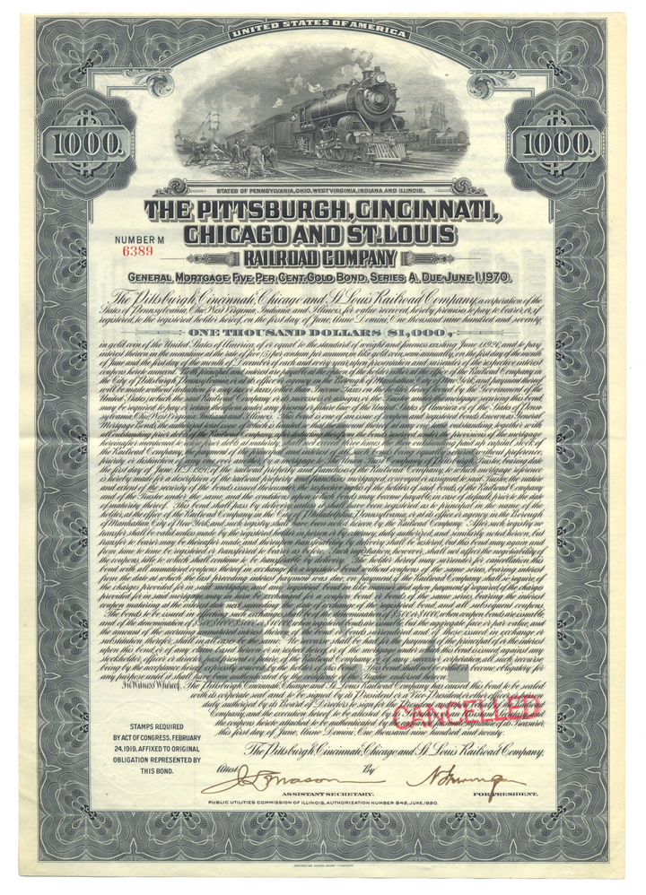 Pittsburgh, Cincinnati, Chicago and St. Louis Railroad Company Bond Certificate