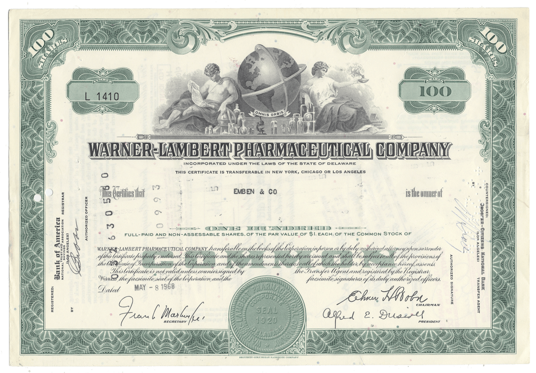 Vintage stock certificate of Warner-Lambert Pharmaceutical Company with decorative elements and text.