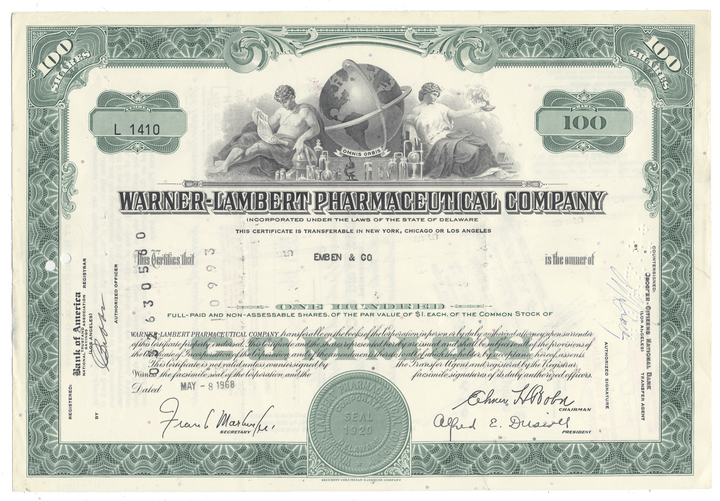 Vintage stock certificate of Warner-Lambert Pharmaceutical Company with decorative elements and text.