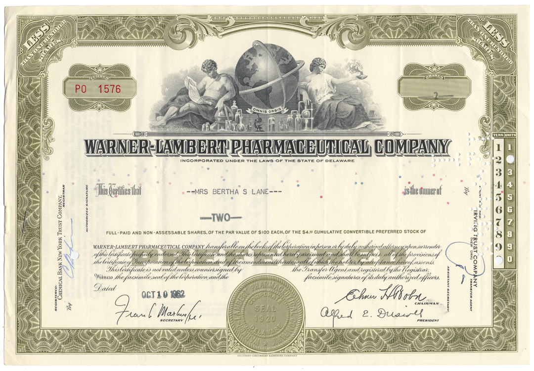 Warner-Lambert Pharmaceutical Company Stock Certificate