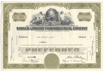 Warner-Lambert Pharmaceutical Company Stock Certificate