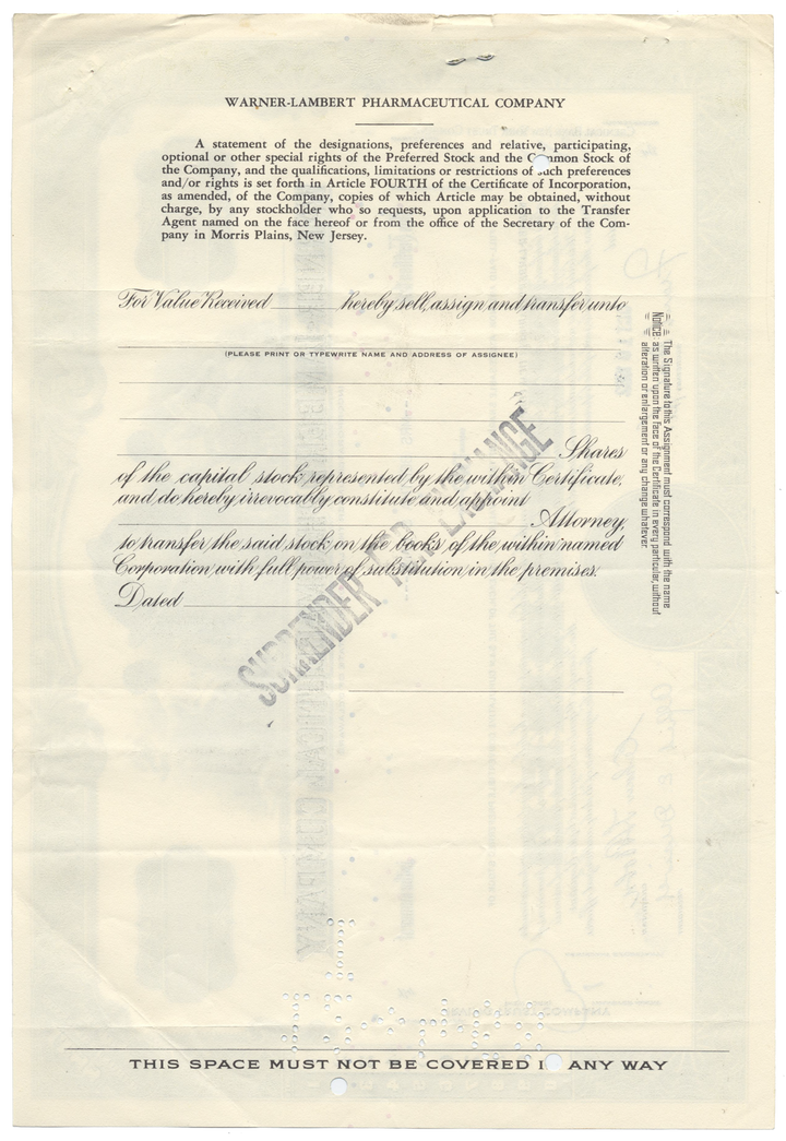 Warner-Lambert Pharmaceutical Company Stock Certificate