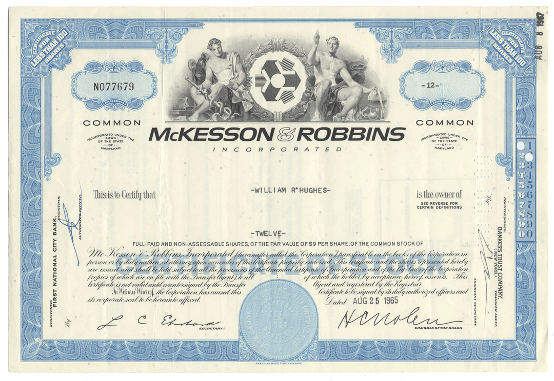 Vintage stock certificate for McKesson & Robbins Incorporated with blue border and logo.