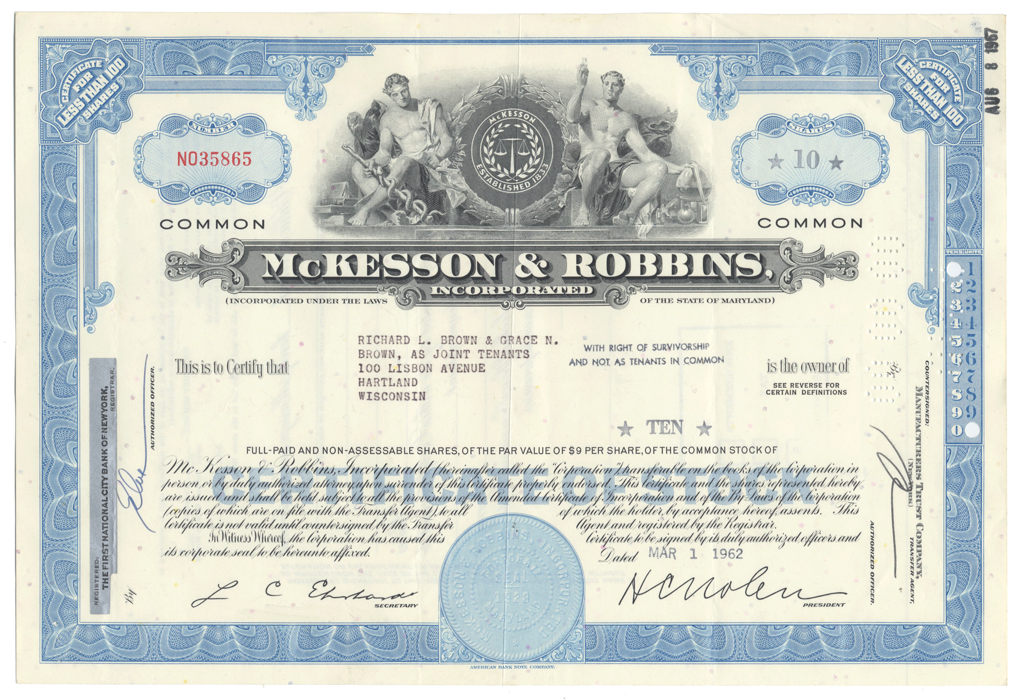 Vintage stock certificate of McKesson & Robbins Inc. with blue and white design.