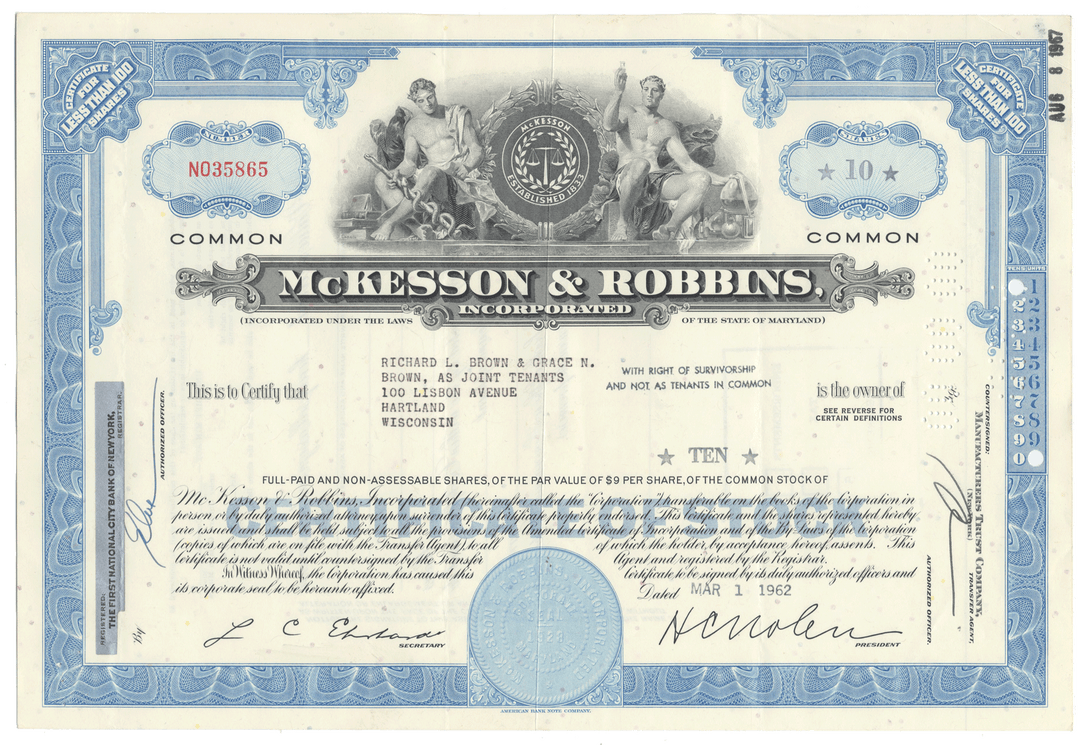 Vintage stock certificate of McKesson & Robbins Inc. with blue and white design.