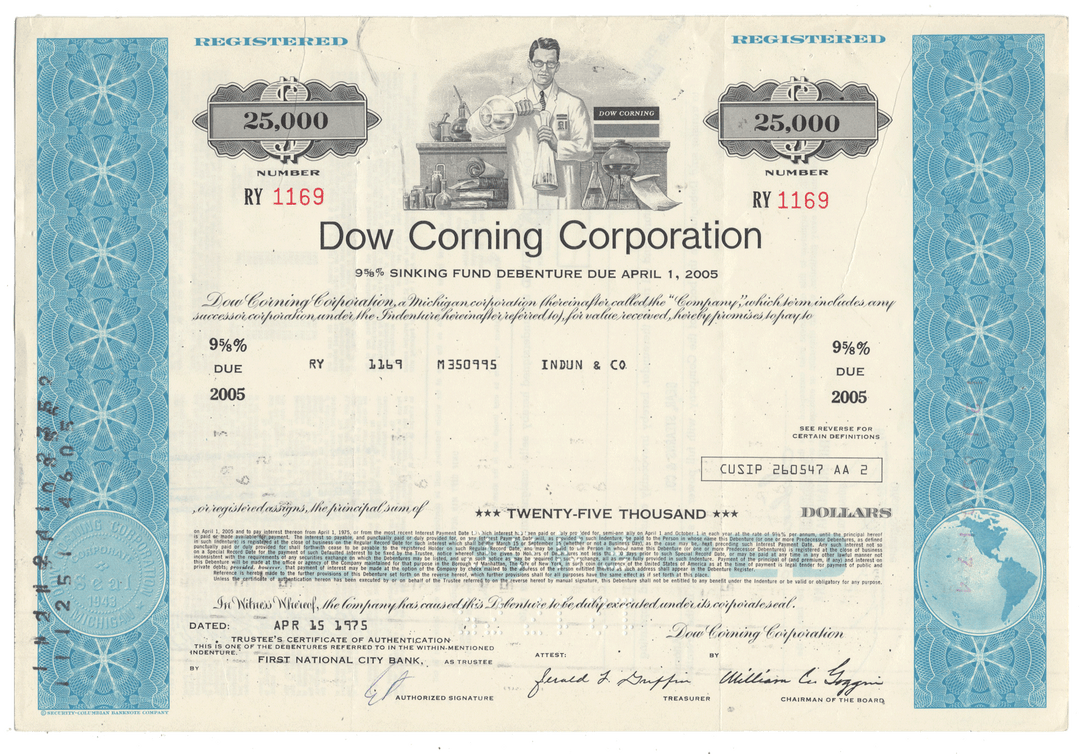 Dow Corning Corporation bond certificate from 1975