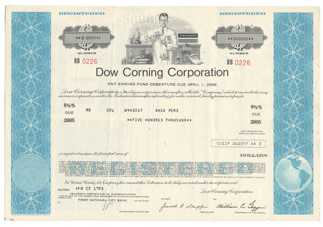 Dow Corning Corporation bond certificate from 1975
